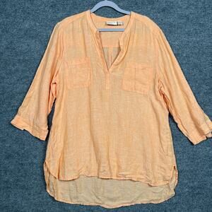 Chico's Size 2 Popover Split Neck Shirt Blouse Orange Linen High Low 3/4 Sleeves